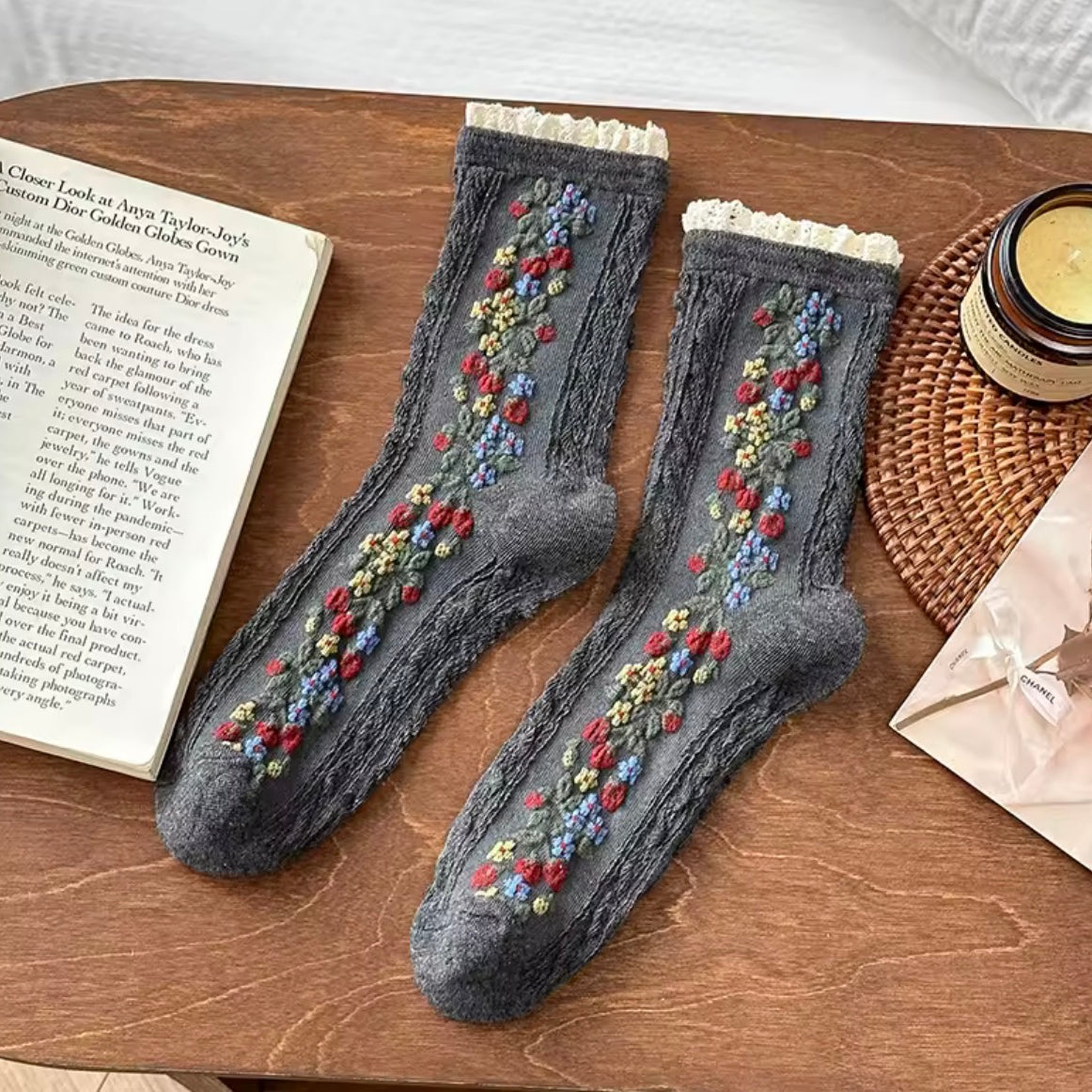 Cable Knit Floral Socks